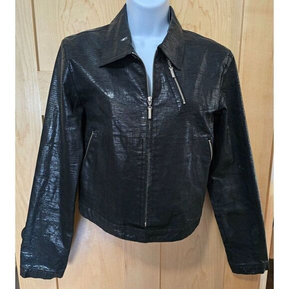 Hamnett Black Faux Leather Cropped Jacket W Zipper Details Textured Pattern VTG - Picture 1 of 15